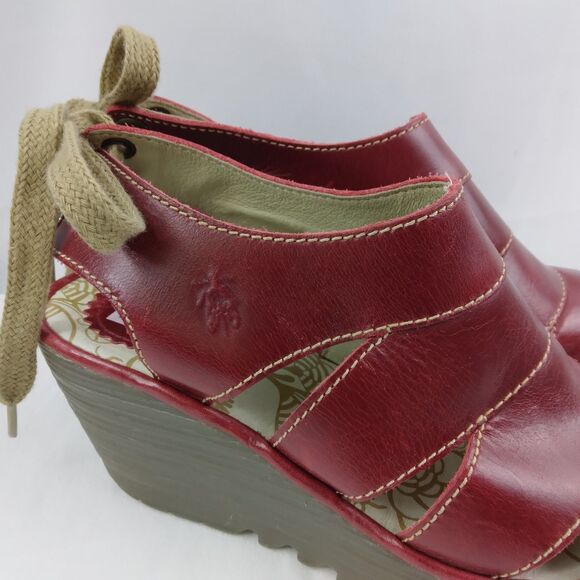 Fly London YOWN Dark Red Wedge Peep Toe Sandals Lace Up  Womens Size 38 US 7.5 8 - Picture 3 of 16